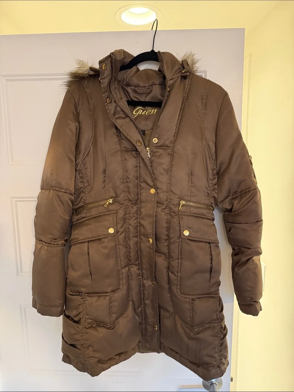 Guess Brown Quilted Puffer Parka with Faux-Fur Trim Hood - Picture 1 of 8